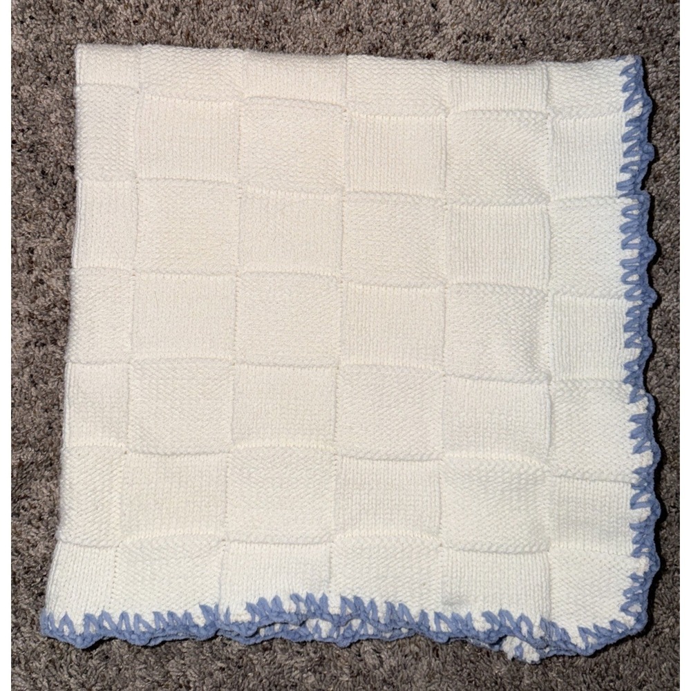 Margery Ellen Baby Blanket Cream Knit Checkered Board Pattern Blue Crochet Trim